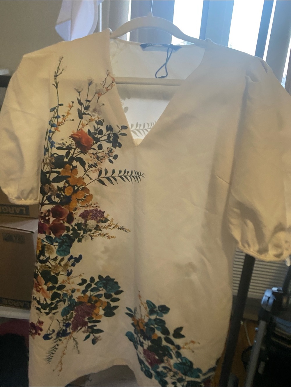 Zara Cream and Black Floral V-Neck Puff Sleeve Blouse